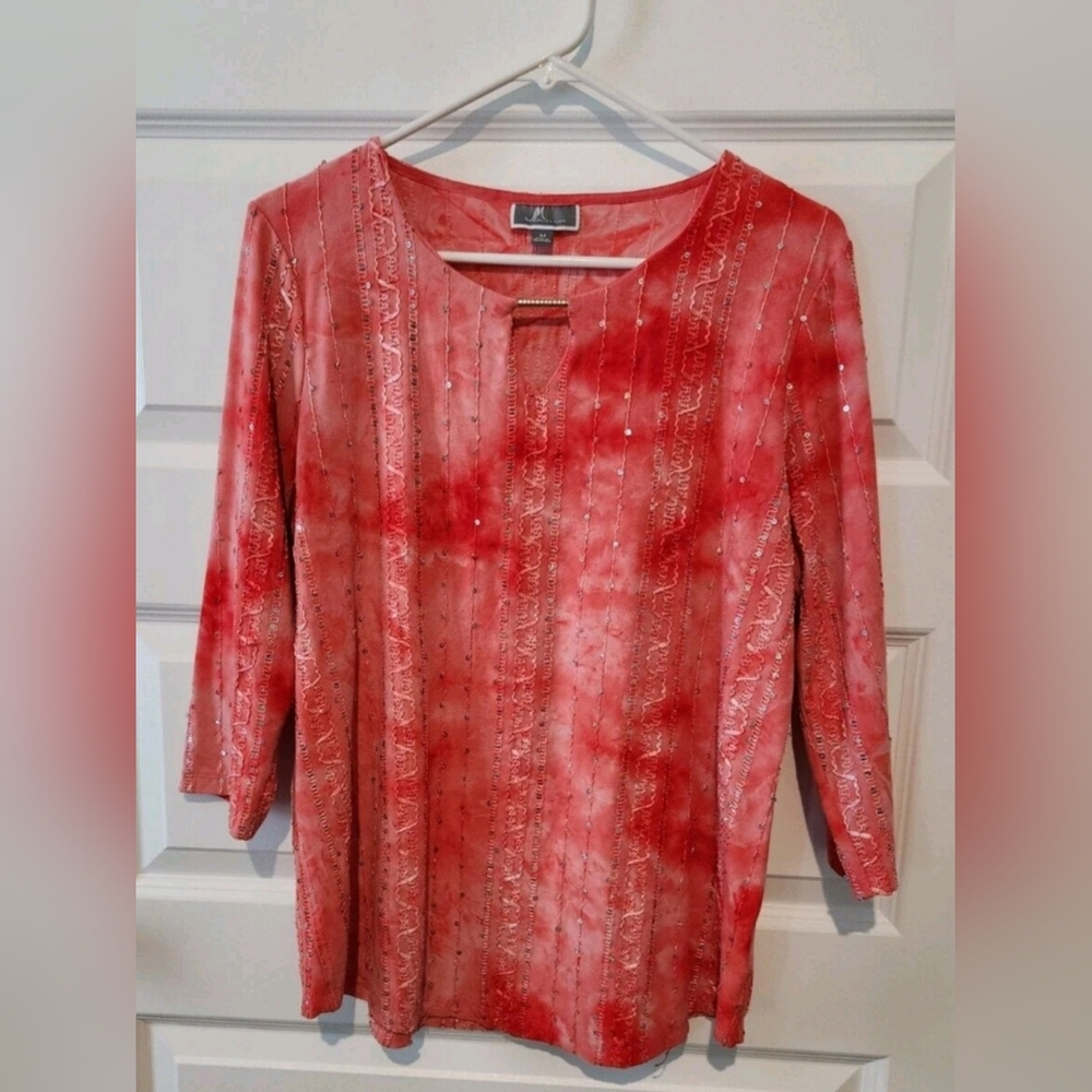 JM Collection Vibrant Red / Pink Sequined Blouse